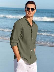 Runcati Men Linen Shirt Button Down Long Sleeve Cotton Beach Band Collar Casual Summer Shirts - 軍綠色 - 查看 2