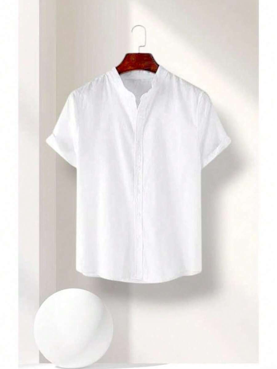 Men's Shirt, Pastor Collar, Social Casual, Linen Cotton, Short Sleeve, Luxury Fashion - trắng - Xem 1