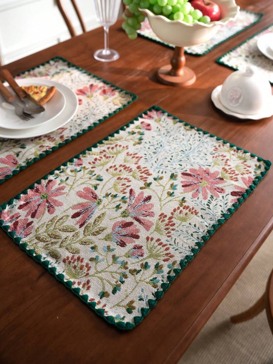 1/2/4/6 件农舍风格花卉餐垫，粉色提花花卉图案矩形餐桌垫，适合日常、节日、厨房、餐厅、派对、家居装饰、摄影背景，四季皆宜 - 彩色 - 查看 1