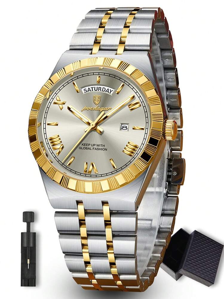 POEDAGAR 1pc Business Classic Men's Week Date Stainless Steel Quartz Watch For Man, Casual Waterproof Luminous Men Wristwatch, Fashion Luxury Male Watches Suitable For Office Occasion, Holiday Gifts For Men - Multicolor - View 16