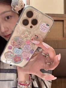 可爱3D纽扣格子透明环氧树脂软手机壳，适用于16/15/14/13 Pro Max/17/17 Pro/17 Pro Max，时尚可爱少女防震后盖 - 無色 - 查看 5