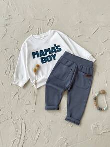 2pcs/Set Baby Boy Casual Letter Patchwork Long Sleeve Sweatshirt + Pants, Spring/Summer - White - View 7
