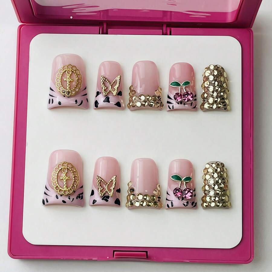 Y2K Duck Nails Short Handmade Press-On Nail Acrylic Nails, 10 Pcs Handmade 2025 Summer Pink Nails Embellished With Leopard Patterns, Gold Charms & Rhinestone Fringes For Party, Wedding, Holiday & Daily Wear-Reusable Gel Acrylic, Easy Application With Jelly Glue Set Included - 彩色 - 查看 1