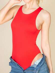 Women Bodysuit Outfit Sleeveless Shapewear Crew Neck Basic Solid Color Casual Skinny Bodysuit For Summer & Spring, Women's Clothing - Đỏ - Xem 2