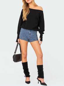 Women's Off Shoulder Sweaters Classic Long Sleeve Solid Color Knit Pullover Jumper Tops Loose Fit Tops - Black - View 4