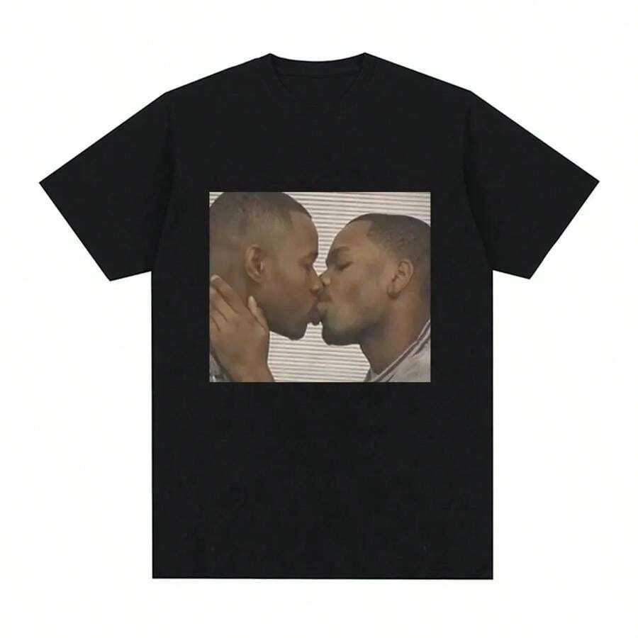 Funny Two Men Kissing Meme Tshirt Womens Fashion Hip Hop Retro Tshirt Casual Loose Short Sleeve Tshirt Top - Black - View 1