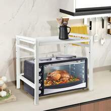 Soporte para microondas con ganchos, estante para microondas, diseño de dos niveles, fabricado en acero al carbono reforzado, antideslizante, antivuelco, extensible, regulable en altura, blanco/negro