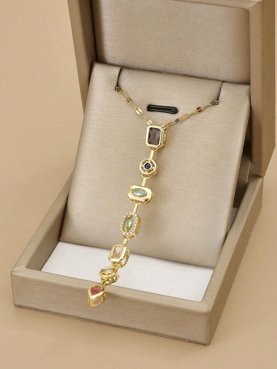 1 chiếc vòng cổ thép không gỉ hình vuông hình giọt nước đính đá Cubic Zirconia bất đối xứng sang trọng thời trang có tua rua, thích hợp cho tiệc tùng nữ, trang phục hàng ngày, phong cách Châu Âu và Mỹ, độc đáo, hào phóng, đá Cubic Zirconia, trang sức cưới, quà tặng cho bé gái, người thân, bạn bè, sinh nhật, ngày lễ tình nhân, quà tặng cho người yêu (không bao gồm hộp quà) - Vàng - Xem 1