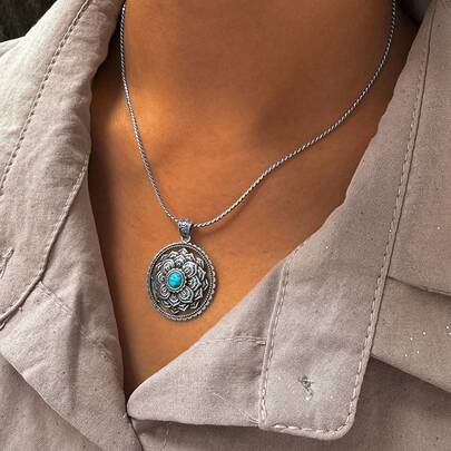 1 Peça Colar Vintage Minimalista Elegante de Prata 925 Incrustado com Falso Turquesa, Floral Geométrico Florido, Adequado para Férias, Festa e Casamento de Mulheres