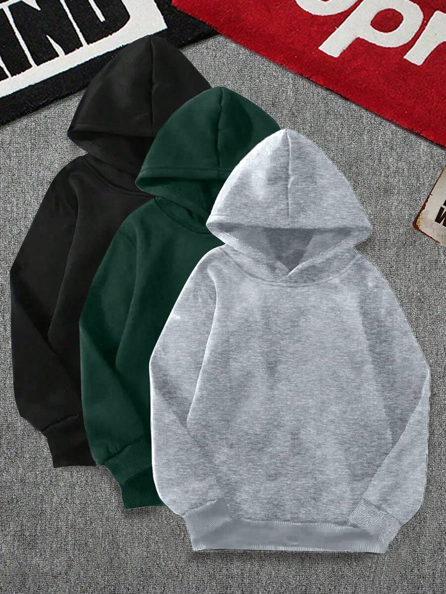 3pcs/Set Teens/Boys' Casual Solid Color Minimalist Sweatshirt Sweatshirt With Pocket, Spring/Autumn - Army Green - View 1