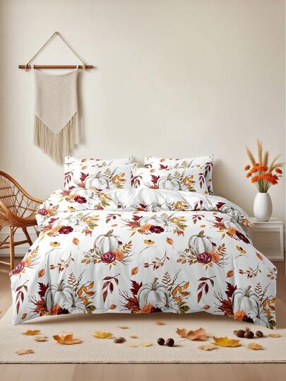 Halloween Maple Leaf & Pumpkin Digital Print Duvet Cover Set (1 Duvet Cover And 2 Pillowcases), Soft And Skin-Friendly, Suitable For All Seasons, Halloween Gift