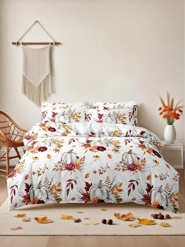 Halloween Maple Leaf & Pumpkin Digital Print Duvet Cover Set (1 Duvet Cover And 2 Pillowcases), Soft And Skin-Friendly, Suitable For All Seasons, Halloween Gift