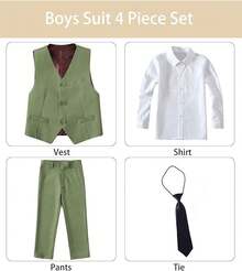 Boys Slim Fit 4-Piece Formal Suit Set - Vest, Pants & Shirt For Kids, Boys' Formal Wear For Weddings, Parties, School Events (2-14Y) - Cỏ xanh - Xem 3