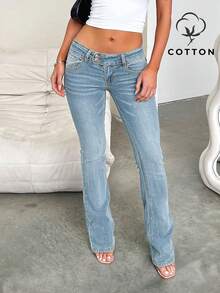 Hàng mới về: Quần jeans nữ ống loe cạp thấp hai nút kiểu Mỹ cơ bản, phù hợp cho mọi mùa. - Rửa nhẹ - Xem 4