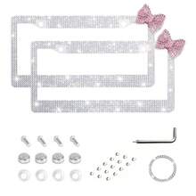 2PCS Pink Heart Diamond License Plate Frame, Glitter Rhinestone Stainless Steel Car Accessories, Girls Exclusive Auto Decor, US Standard Size, Fashion Vehicle Upgrade, Durable Rustproof, Birthday/Holiday Gift - 白色和粉紅色蝴蝶結 - 查看 1