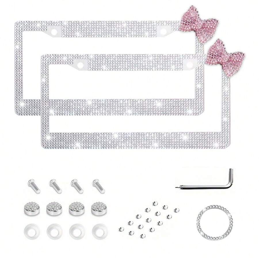 2PCS Pink Heart Diamond License Plate Frame, Glitter Rhinestone Stainless Steel Car Accessories, Girls Exclusive Auto Decor, US Standard Size, Fashion Vehicle Upgrade, Durable Rustproof, Birthday/Holiday Gift - 白色和粉紅色蝴蝶結 - 查看 1