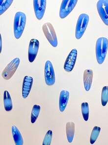 24 件/套法式杏仁形海洋风格 3D 闪光贝壳鳄鱼图案按压式假指甲美甲用品，包括 1 个果冻胶和 1 个指甲锉，非常适合女士和女孩度假、约会和日常佩戴 - 彩色 - 查看 4