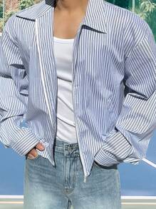Men's Striped Zip-Up Shirt Jacket, Casual Design Loose Fit Spring Outwear, Korean Style For Commuting And Outdoor Wear, Fall - Blue - View 2