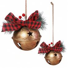 Large Vintage Gold Glitter Metal Christmas Bell Wreath, Decorated With Plaid Bow And Pine Branches - Rustic Round Holiday Decor, Suitable For Thanksgiving, Mother's Day, Valentine's Day - Easy To Hang On Door Or Wall Home Decor Christmas Decorations Room Decor Winter