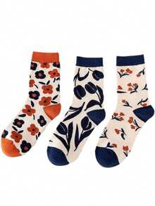 3 pary damskich skarpetek do połowy łydki w kwiaty w stylu retro, kontrastowe czerwone i niebieskie kwiaty, modne i wygodne, uniwersalne skarpetki, skarpetki jesienne