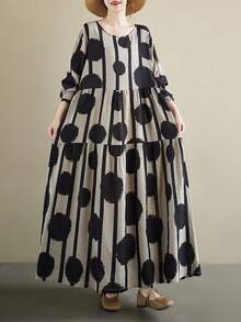 AZAH Bluzki, Jesienna nowość 2025, Luźna sukienka z okrągłym dekoltem i długimi rękawami, Sukienka damska w rozmiarze plate, Luźna sukienka plażowa w stylu boho na wakacje, Sukienka bazowa, Jedna sukienka, Długa sukienka jesienna