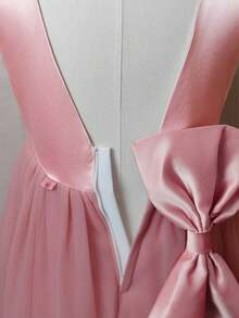 优雅粉色花朵花童裙配珍珠蝴蝶结，公主裙，适合婚礼、舞会、派对、生日、圣诞节 - 粉色 - 查看 10