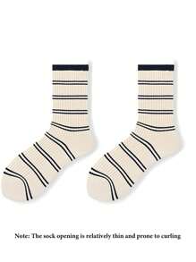 1 双/2 双男女款薄款条纹中筒袜，百搭休闲袜，适合日常穿着，秋季 - 彩色 - 查看 4