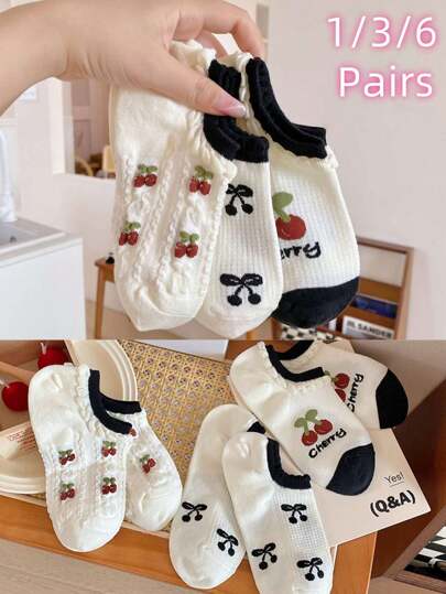 1/3/6 Paar Damen Weiß, Kirsche, Mesh, Spitze dünne atmungsaktive Strick Stoff unsichtbare Socken, süßes Ästhetik, geeignet für Zuhause, Pendeln, Party, Date, Schule, Geschenk für Feiertage