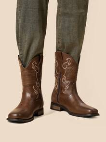 Men's Western Cowboy Boots European And American Style High-Top Leather Boots - 棕色 - 查看 4