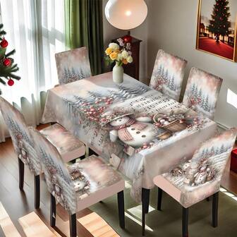 1/4/5/6/7/36 piezas Funda de silla/cojín de asiento con estampado de muñeco de nieve, bayas y bosque de pinos de invierno, adecuado para uso en interiores del hogar, restaurante, hotel, opción ideal para la decoración diaria moderna. El mantel se ajusta a la mesa de comedor cuadrada, la funda de silla elástica es lavable.