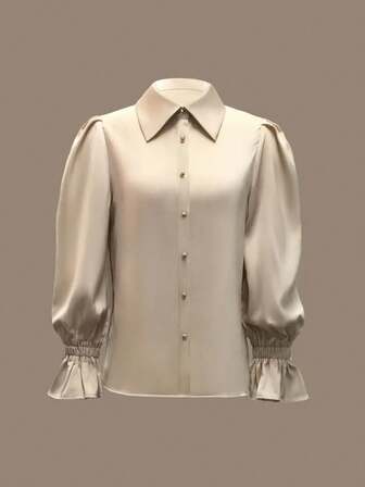 Elegant och avslappnad blus i satin för kvinnor, hudvänligt mjukt och silkeslent satintyg, topp med krage och puffärm - 100 % polyester, maskintvättbar och kemtvättbar, enfärgad, lämplig för kontor och vardagsbruk, enfärgad volang/knapp framtill