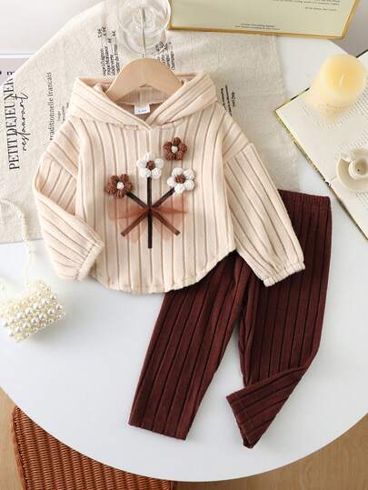 2pcs Baby Girls Casual Ribbed Fleece Fabric Floral Decor Hoodie Top And Slim Fit Pants Set, Autumn/Winter