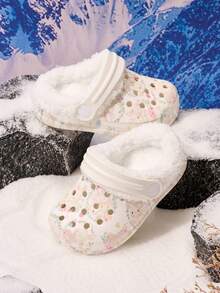 1 Pair Girls' Rabbit Print Warm Thermal Lined Casual Comfortable Indoor Slippers, Suitable For Winter - White - View 4