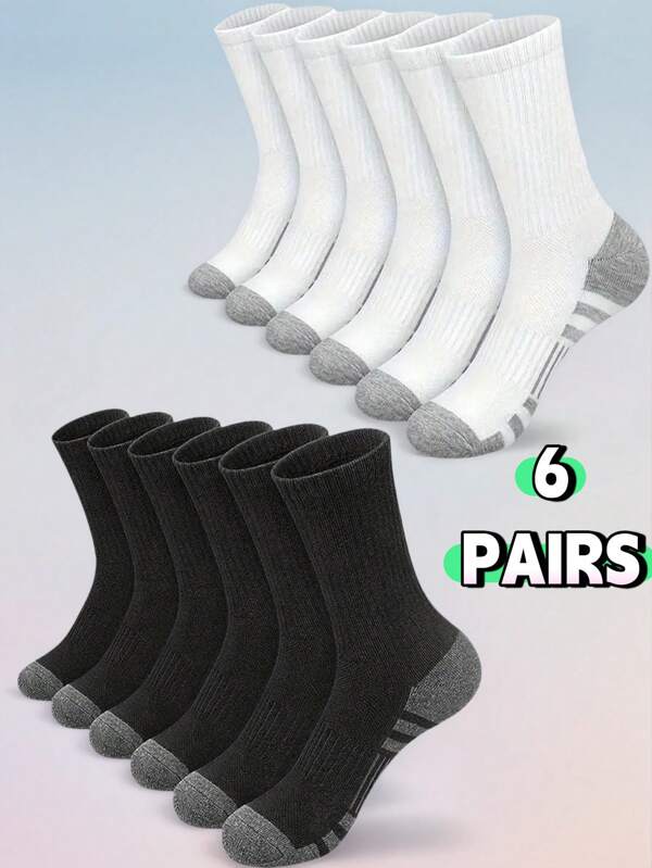 6 par męskich skarpet do koszykówki do połowy łydki – czarno-białe, jednokolorowe, frotte, odprowadzające wilgoć, sportowe, na co dzień i do gry w koszykówkę, jesienne