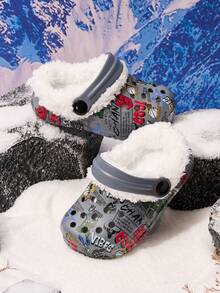 1 par de chinelos antiderrapantes para meninos, com estampa de letras, moda casual, confortável, forro térmico, adequados para o inverno