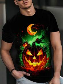 男士万圣节南瓜印花 T 恤，休闲圆领短袖上衣，100% 涤纶针织面料，略有弹性，常规版型，夏季街头时尚 T 恤 - 白色 - 查看 3