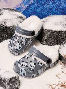 1 双男童可爱足球熊猫印花保暖防滑室内拖鞋，适合冬季 - 深灰色 - 查看 4