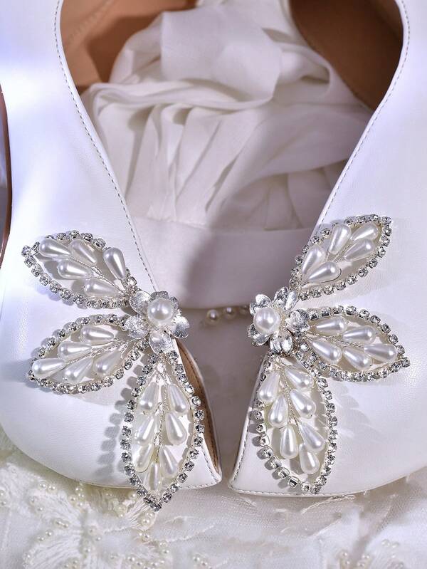 1 Pair Handmade Petal Shaped Pearl & Rhinestone Decor High Heel Shoe Clips, Jewelry Accessories For Women