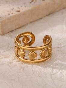 1 Pc Shell Open Rings For Women Men Aesthetic Gold Color Stainless Steel Rings Wedding Summer Jewelry Accessories Gift - Yellow Gold - View 6