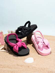 Infant Flip Flops With Elastic Strap, Easy On/Off, Solid Color Fabric With Bow Design, Suitable For Kids Daily Wear, Thick Soft Comfortable Non-Slip Indoor/Outdoor Slippers - Hot Pink - View 1