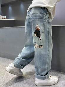 Boys' Casual Straight Leg Jeans, Autumn 2025 - 中等水洗藍 - 查看 3