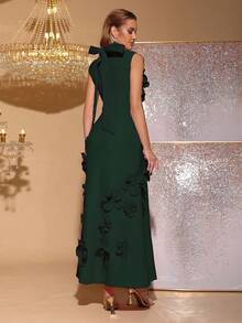 Nowa, elegancka, dopasowana sukienka bez rękawów z wysokim kołnierzem i motylkową wstążką, zdobiona motywem kwiatowym 3D, idealna dla gości weselnych, druhen, na przyjęcia świąteczne i formalne wieczorowe - Ciemnozielony - Zobacz 5