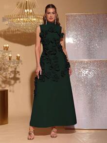 Nowa, elegancka, dopasowana sukienka bez rękawów z wysokim kołnierzem i motylkową wstążką, zdobiona motywem kwiatowym 3D, idealna dla gości weselnych, druhen, na przyjęcia świąteczne i formalne wieczorowe - Ciemnozielony - Zobacz 3
