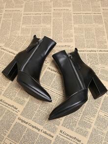 2025 Autumn New Black Versatile Elegant Punk European & American Style Women's Thick Heel High Heel Pointed Toe Ankle Boots, Fashion Ankle Boots For Autumn/Winter - Black - View 4