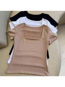 Kit Of 3 Basic Suplex Blouses, Square Neckline, Short Sleeve, Lined - 米色/白色/黑色 - 查看 1