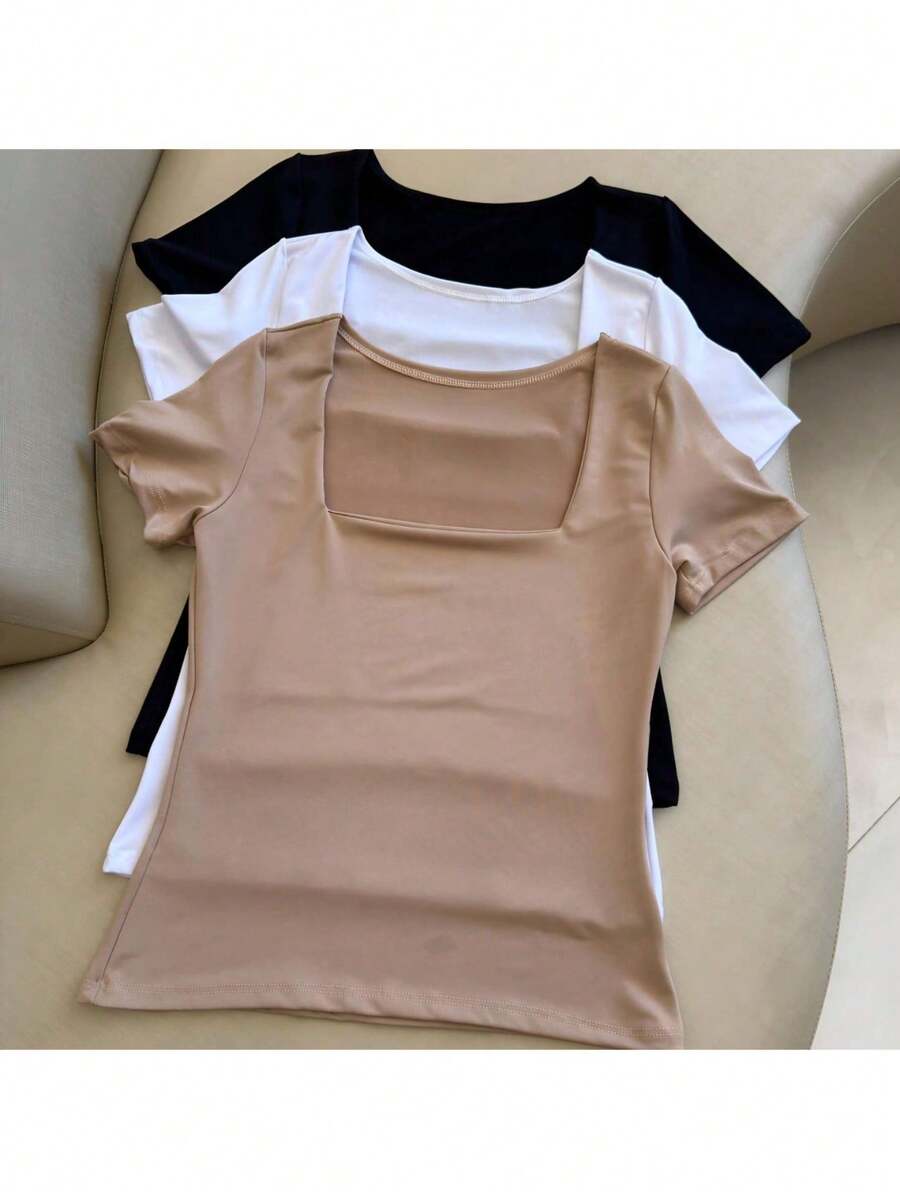 Kit Of 3 Basic Suplex Blouses, Square Neckline, Short Sleeve, Lined - 米色/白色/黑色 - 查看 1
