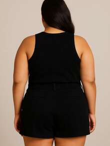 BrasOutlet Elegant Plus Size Women's Linen Shorts With Pockets, Casual Chic, Sizes G1 And G2 - 黑色 - 查看 2