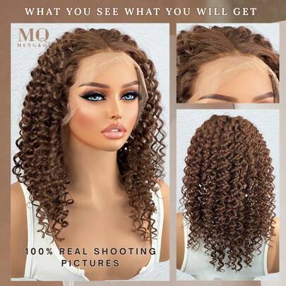 34 英寸巴西原生发棕色戴上即走无胶波波头假发人发混合深波浪短发 4x4 5x5 13x4 13x6 透明蕾丝前部人发混合假发女士 180% 密度预切蕾丝封口假发可直接使用