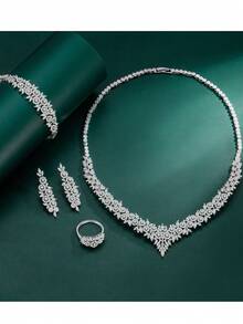 5 件镀铑方晶锆石奢华项链、手链、耳环、开口戒指首饰套装，由 Tylionnejewelry 出品，适合优雅婚礼、节日派对、礼物 - 銀色 - 查看 1