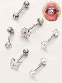 6pcs Cute Stainless Steel Tongue Rings Set, Butterfly, Flower, Kitten, Heart, Foot, Pig Designs, 14G Tongue Piercing Jewelry, Suitable For Women Daily Wear - 6 Tongue Rings - View 14